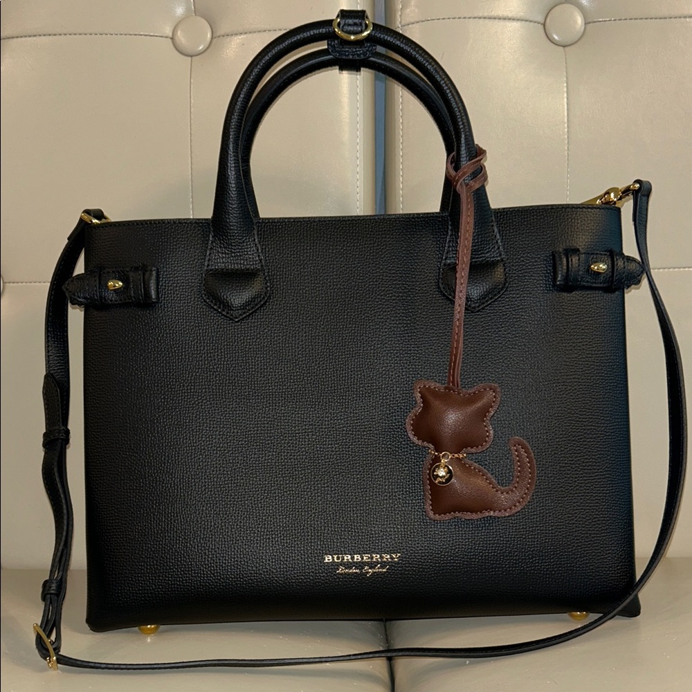 Burberry Banner Black Leather Canvas House Check Satchel Top Handle Bag